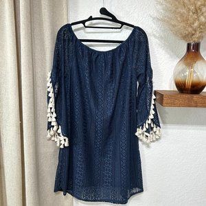 Kori America Off Shoulder Tassel Sleeve Navy Dress - Size Small
